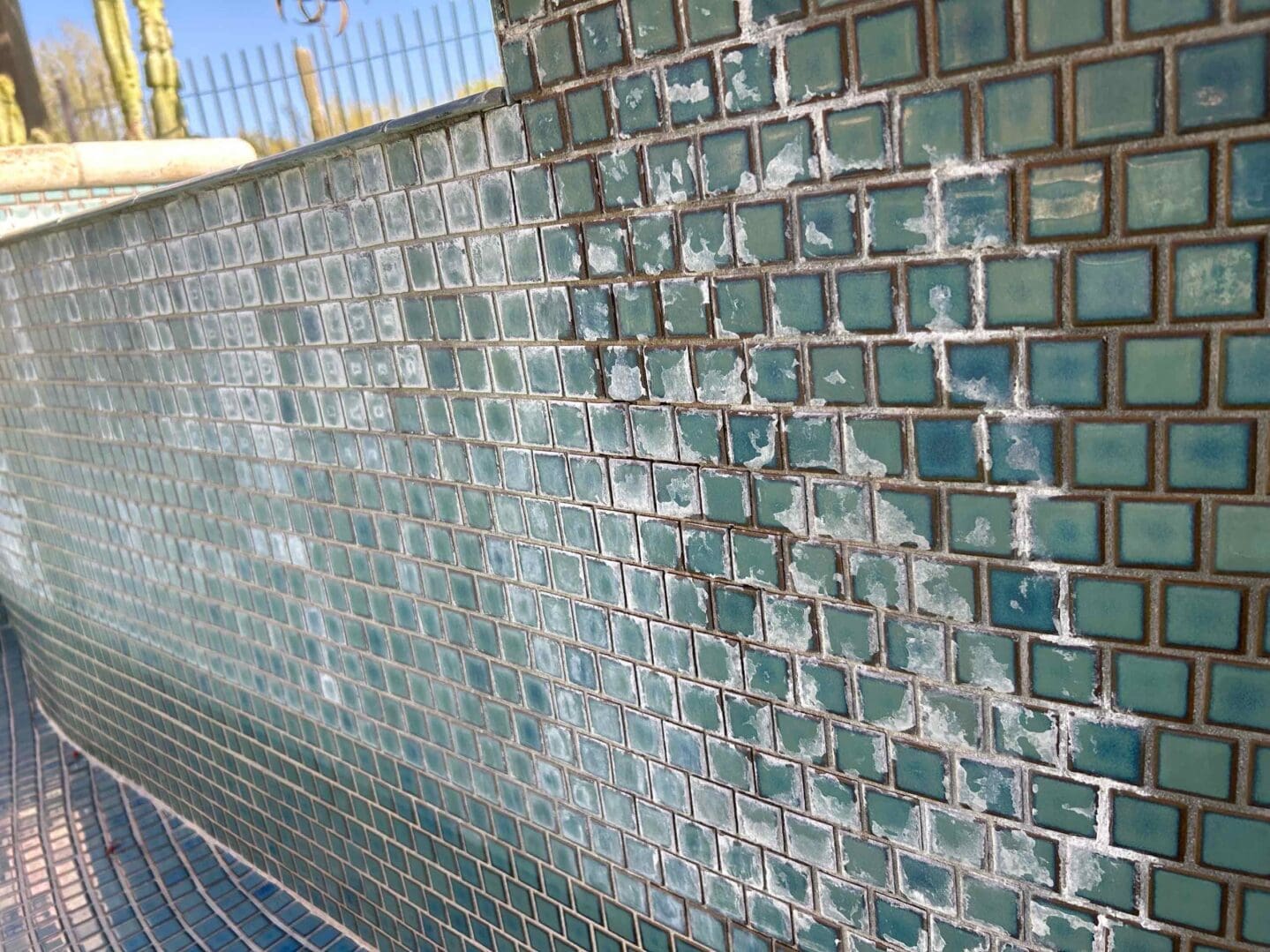 Pool tiles with mineral deposits visible.