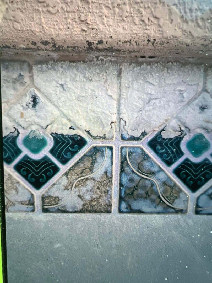 Worn decorative tiles with blue patterns.